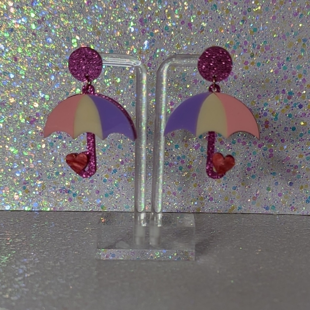 Umbrella pink and purple glitter acrylic drop earrings